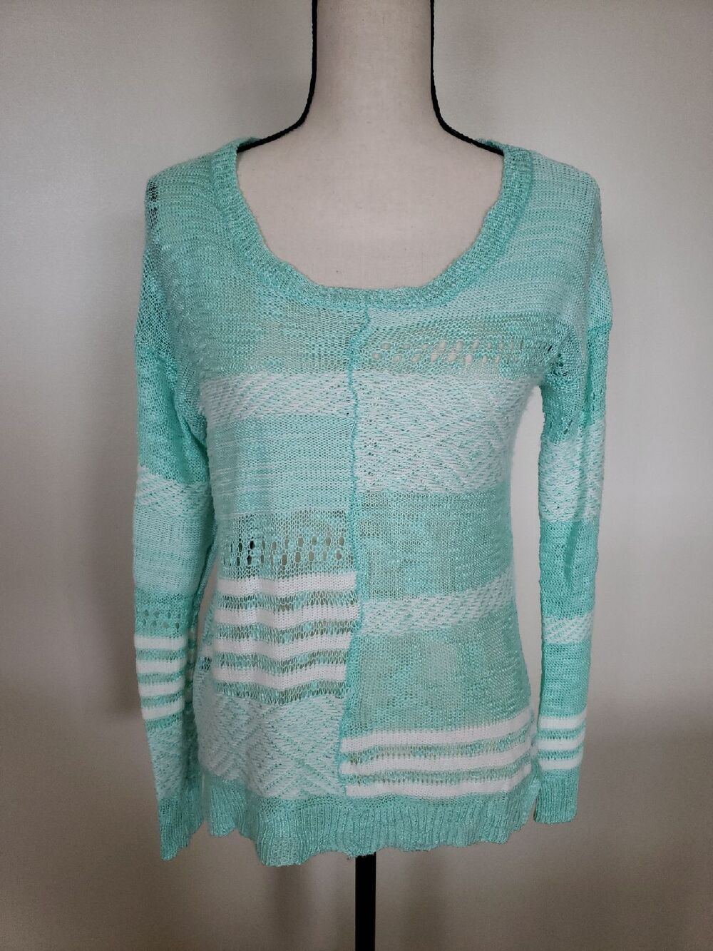 Pink Rose Open Knit Striped Sweater Mint Green White Boho Layering Top Size L